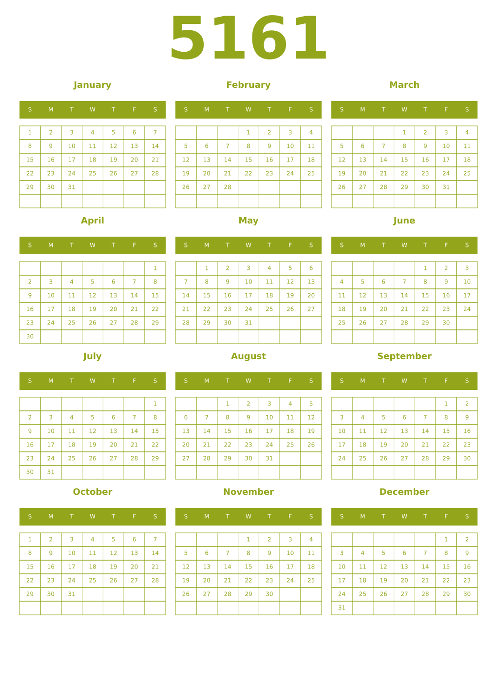 Printable 5161 Year Calendars chartreuse