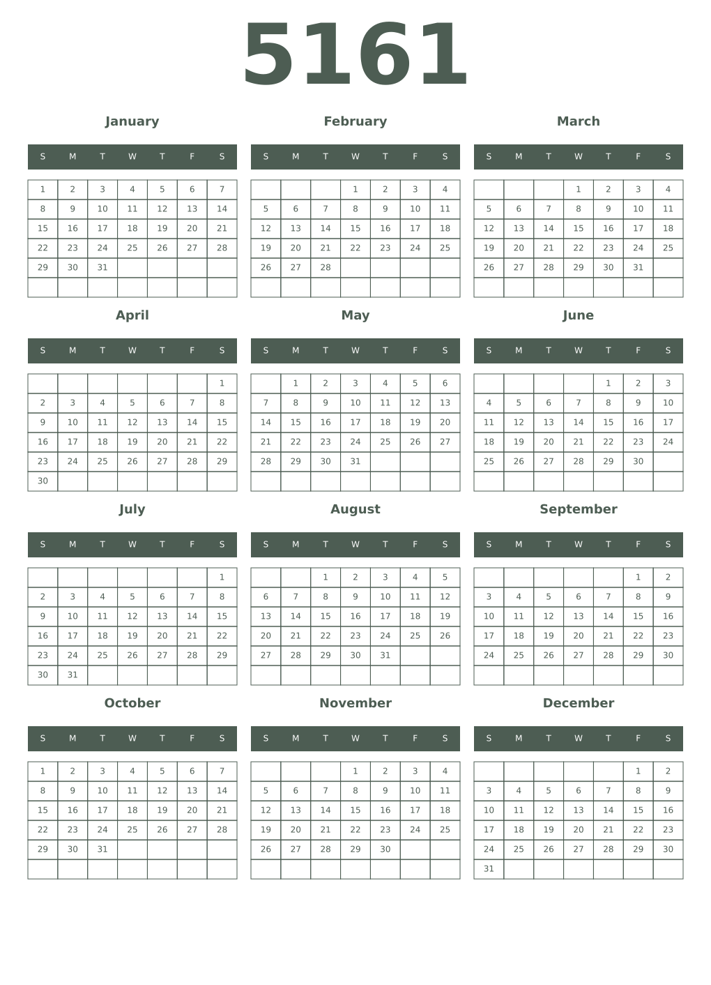Printable 5161 Year Calendars feldgrau