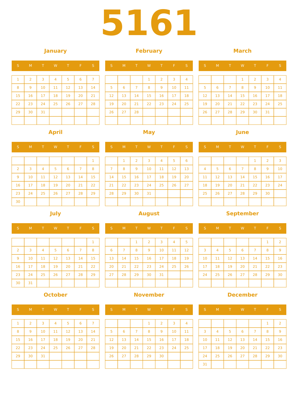 Printable 5161 Year Calendars gamboge
