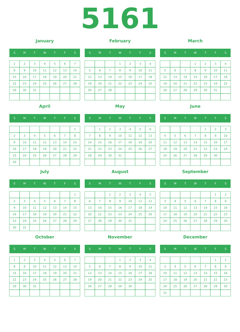 Printable 5161 Year Calendars green