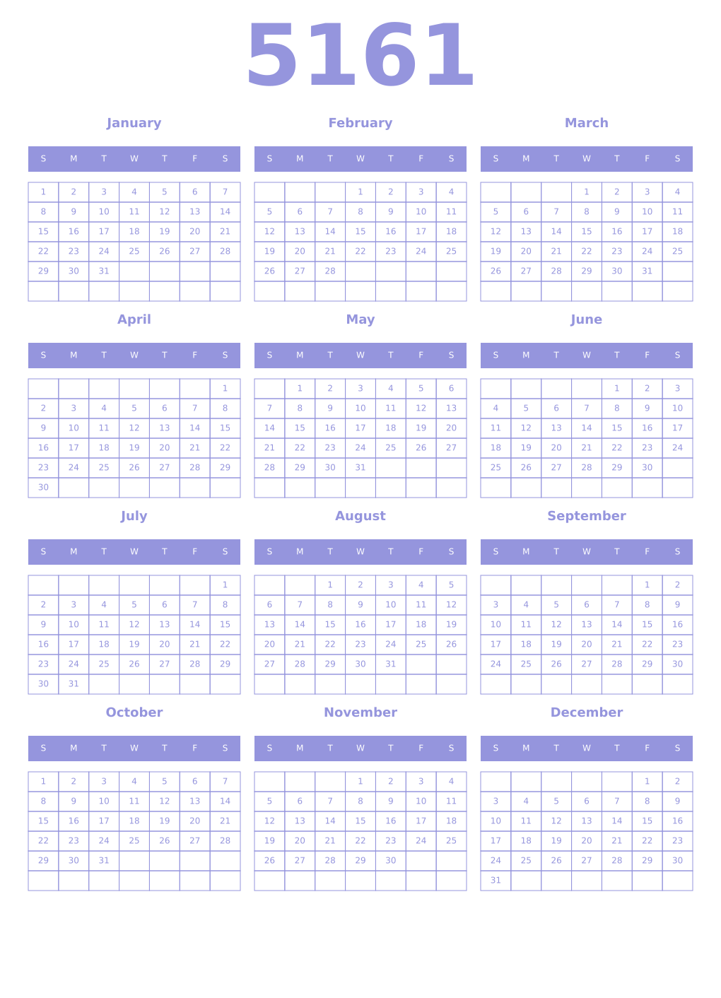 Printable 5161 Year Calendars periwinkle