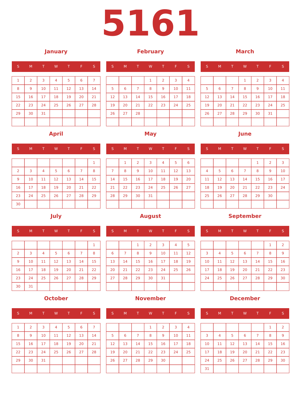 Printable 5161 Year Calendars red