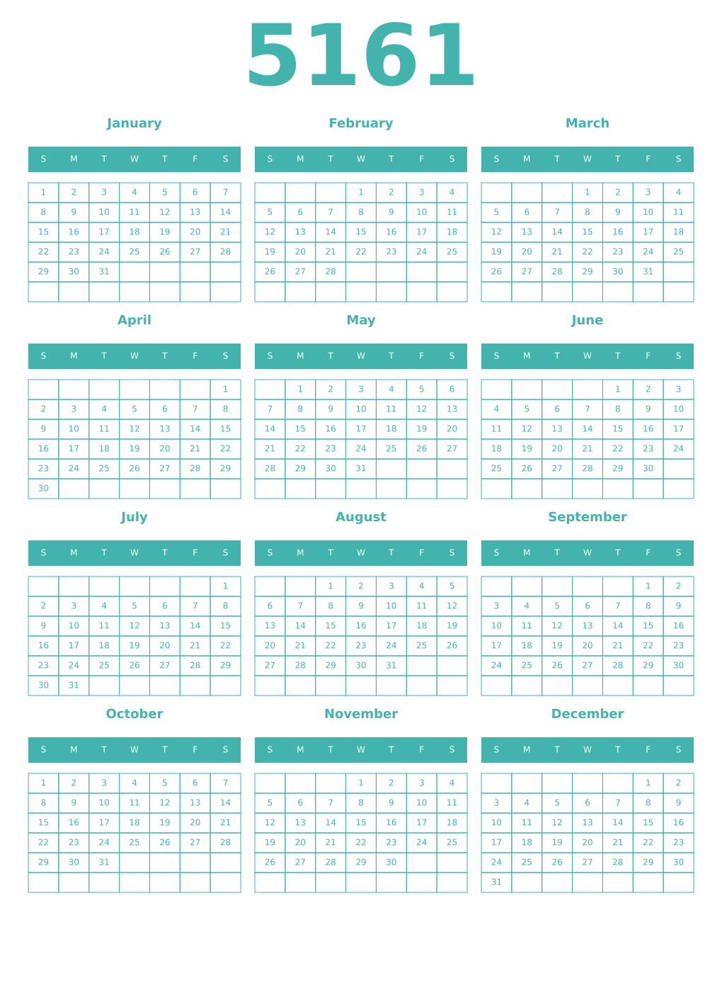 Printable 5161 Year Calendars verdigris