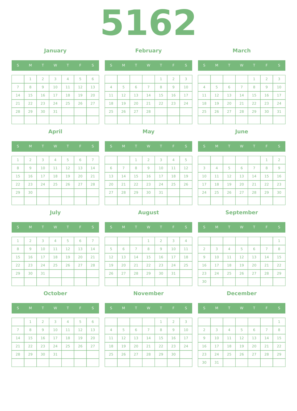 Printable 5162 Year Calendars celadon