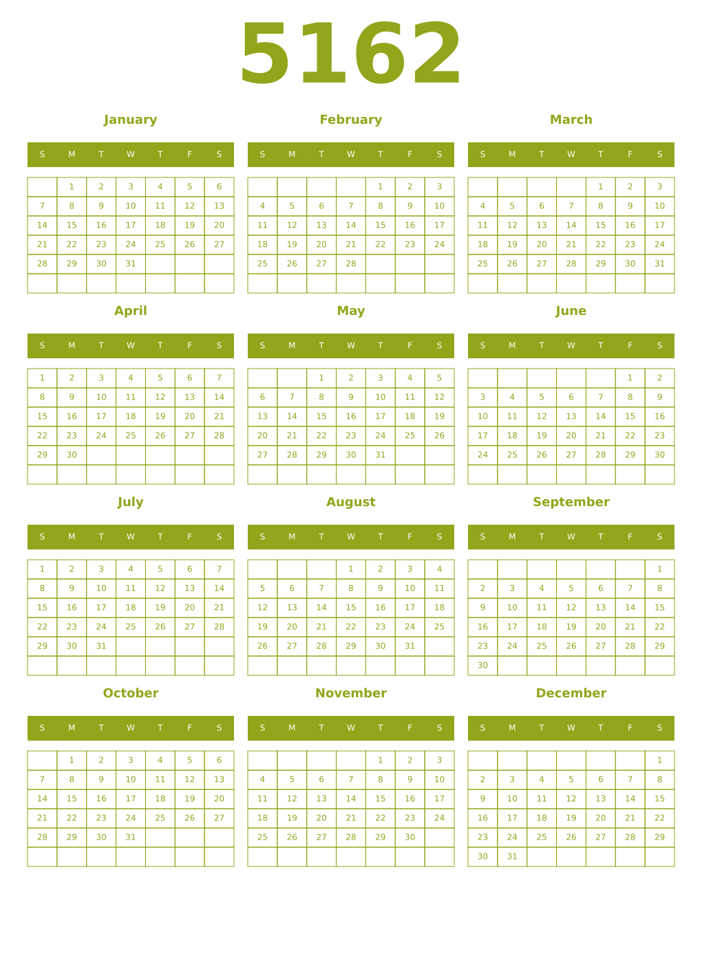 Printable 5162 Year Calendars chartreuse