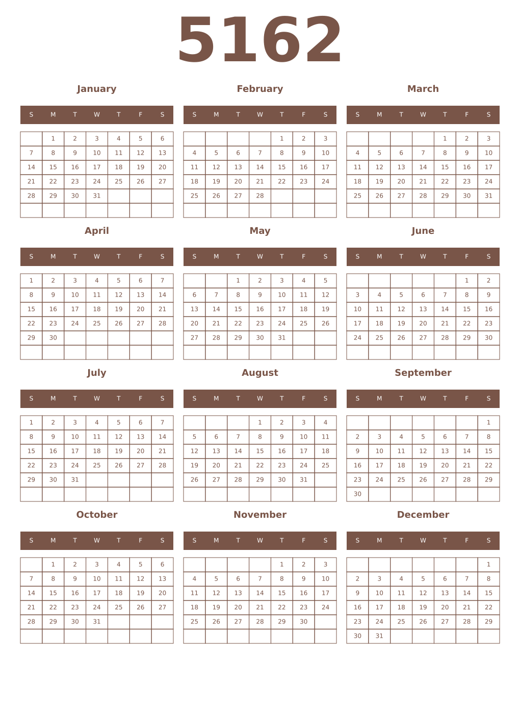 Printable 5162 Year Calendars coffe