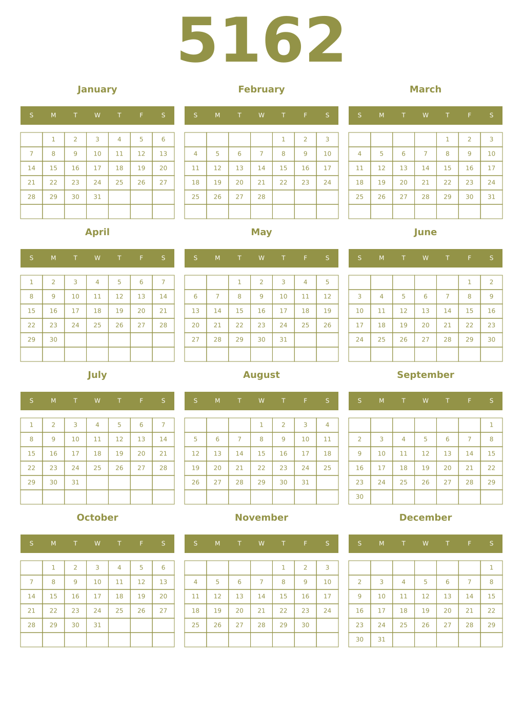 Printable 5162 Year Calendars eburnean