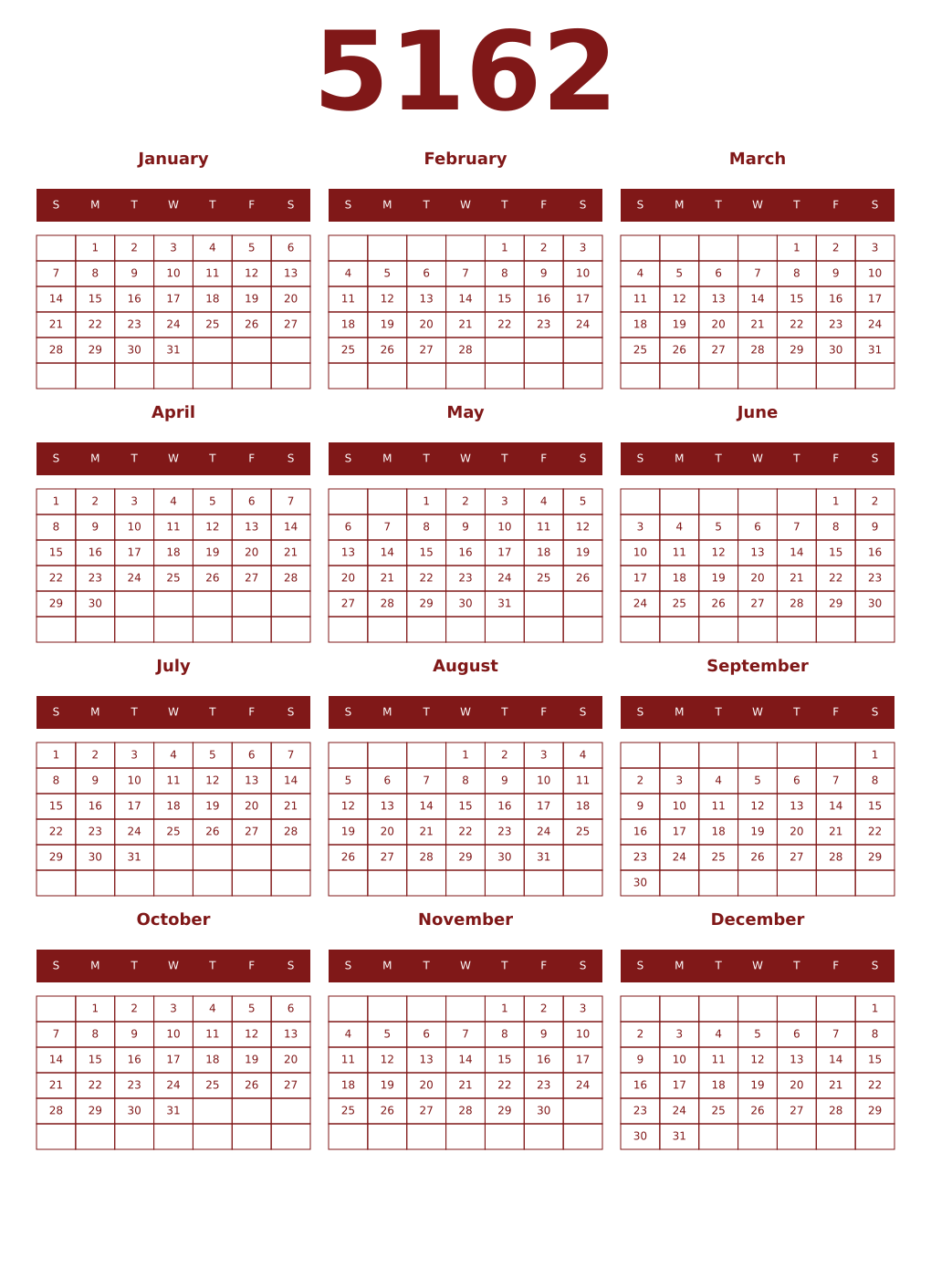 Printable 5162 Year Calendars falu