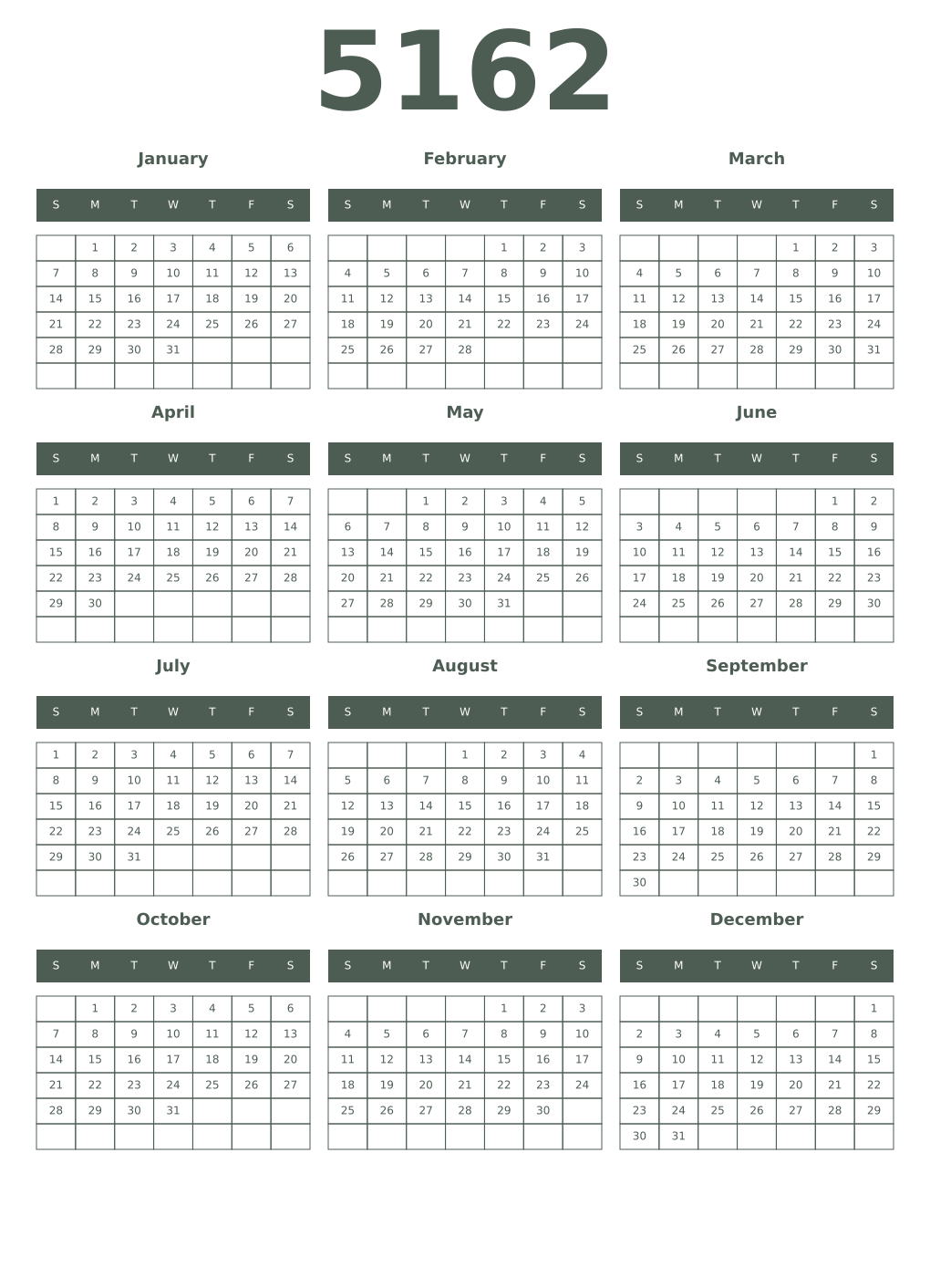 Printable 5162 Year Calendars feldgrau