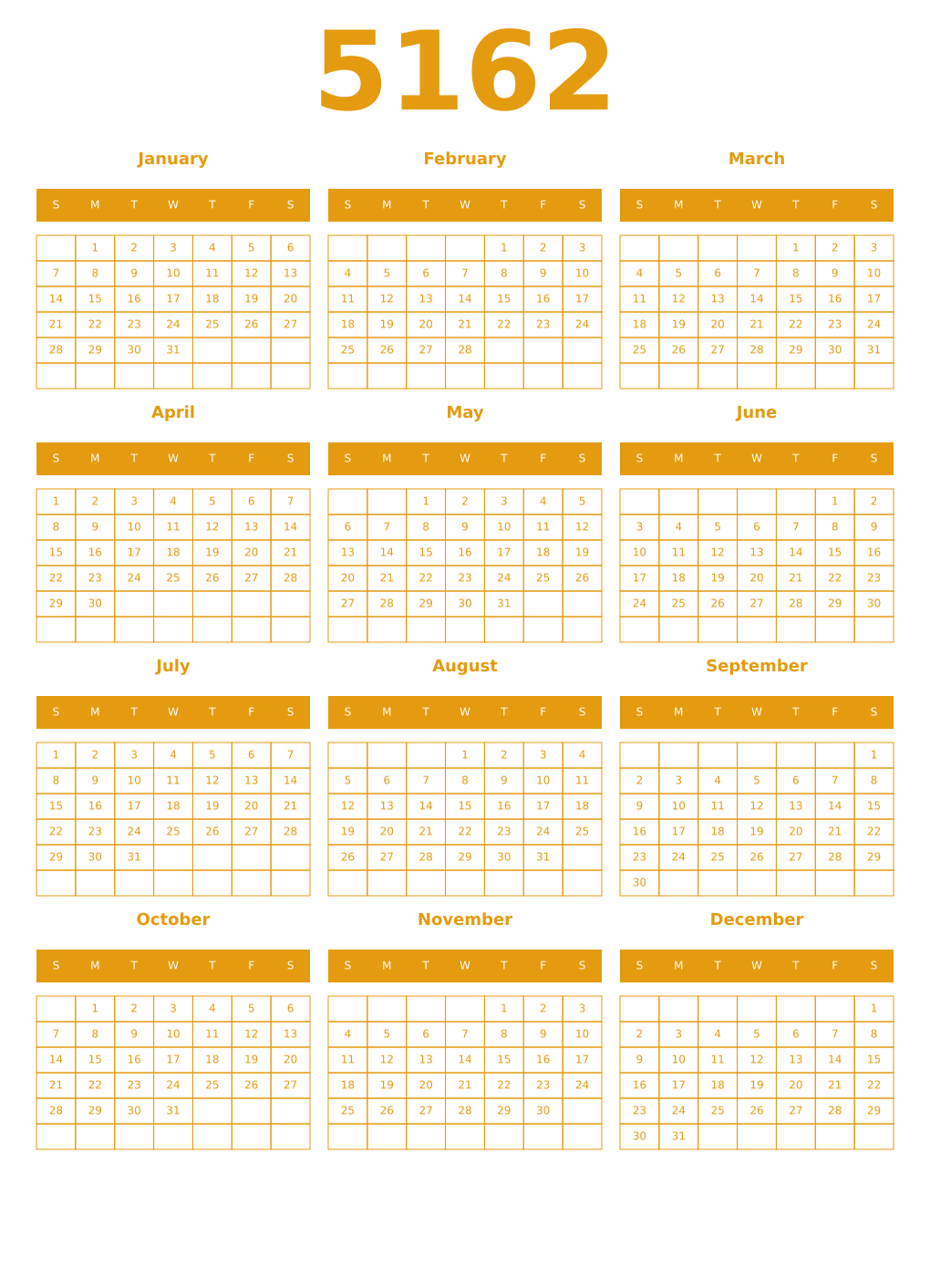 Printable 5162 Year Calendars gamboge