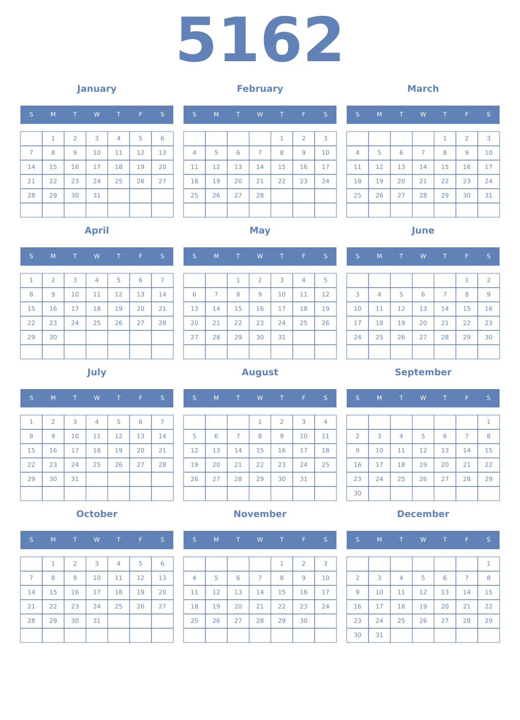 Printable 5162 Year Calendars glaucous