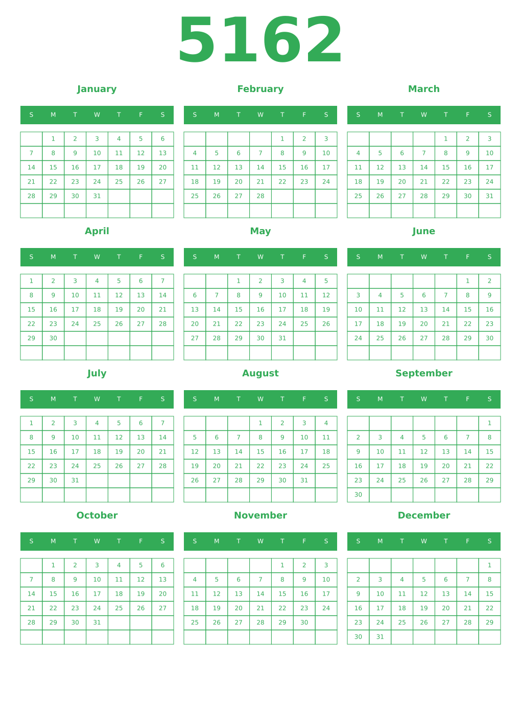 Printable 5162 Year Calendars green