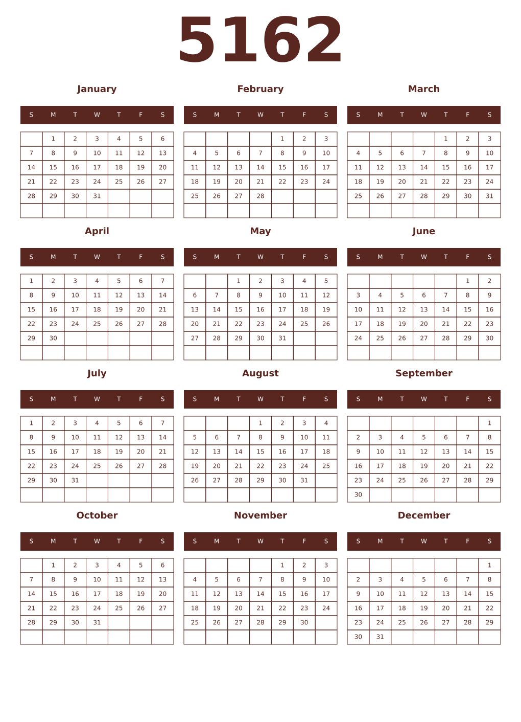Printable 5162 Year Calendars mortuum