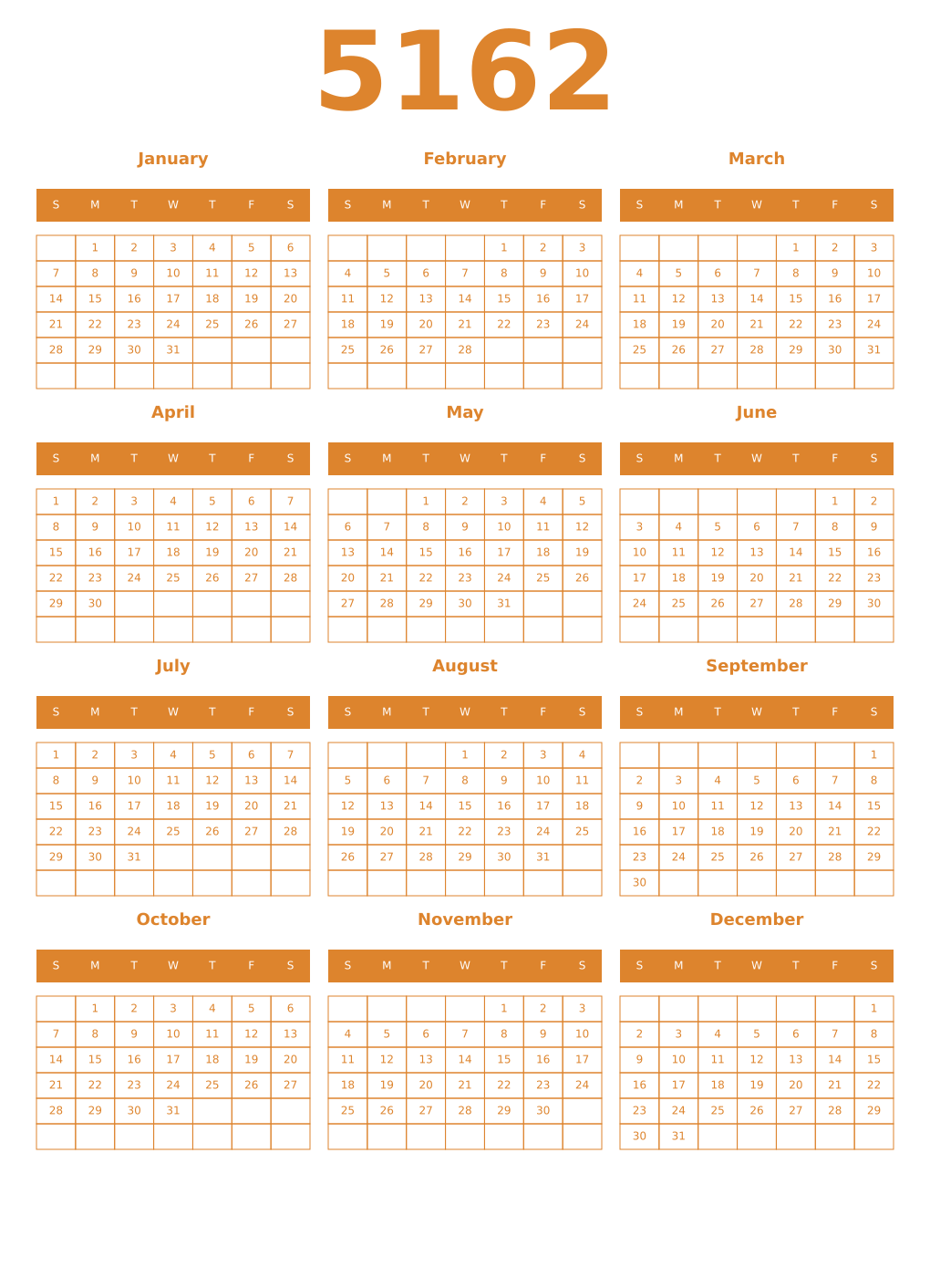 Printable 5162 Year Calendars orange