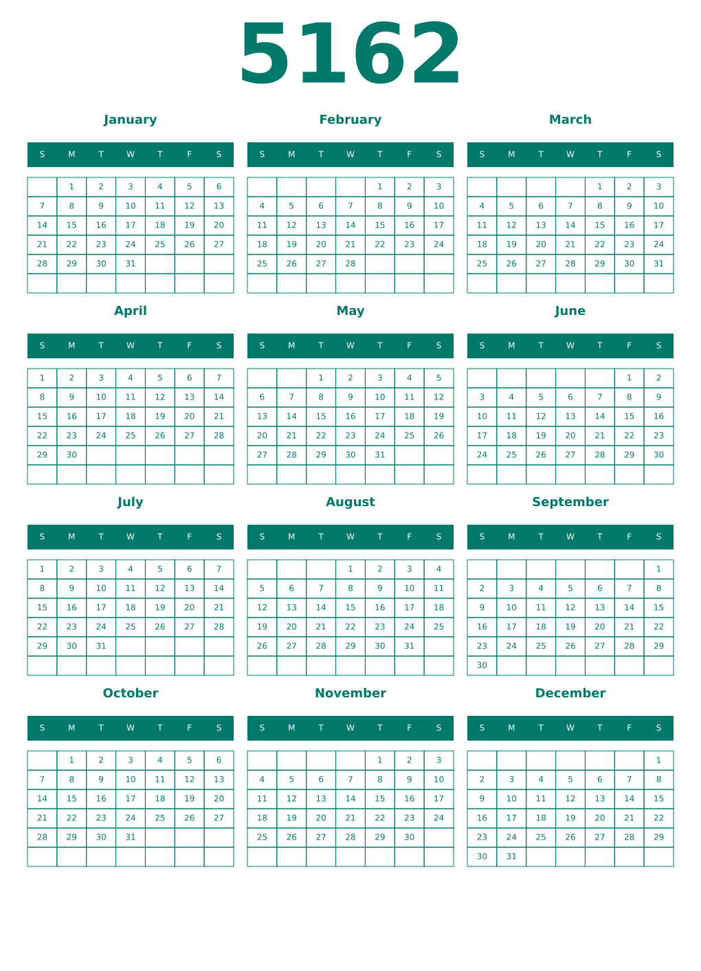 Printable 5162 Year Calendars pastel