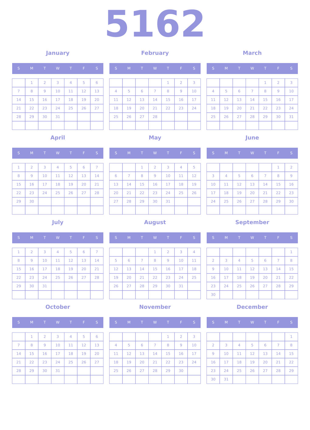 Printable 5162 Year Calendars periwinkle