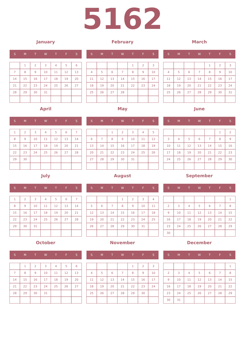 Printable 5162 Year Calendars puce