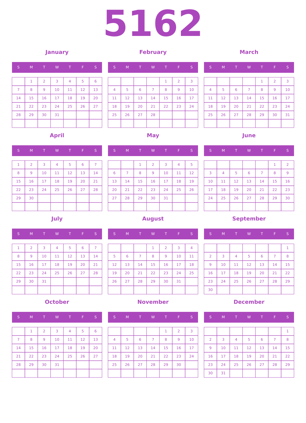 Printable 5162 Year Calendars purple