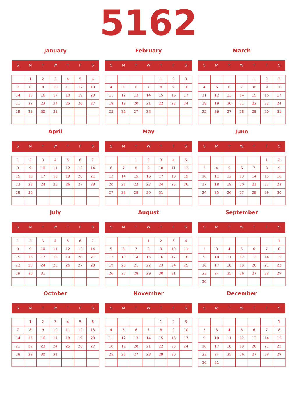 Printable 5162 Year Calendars red