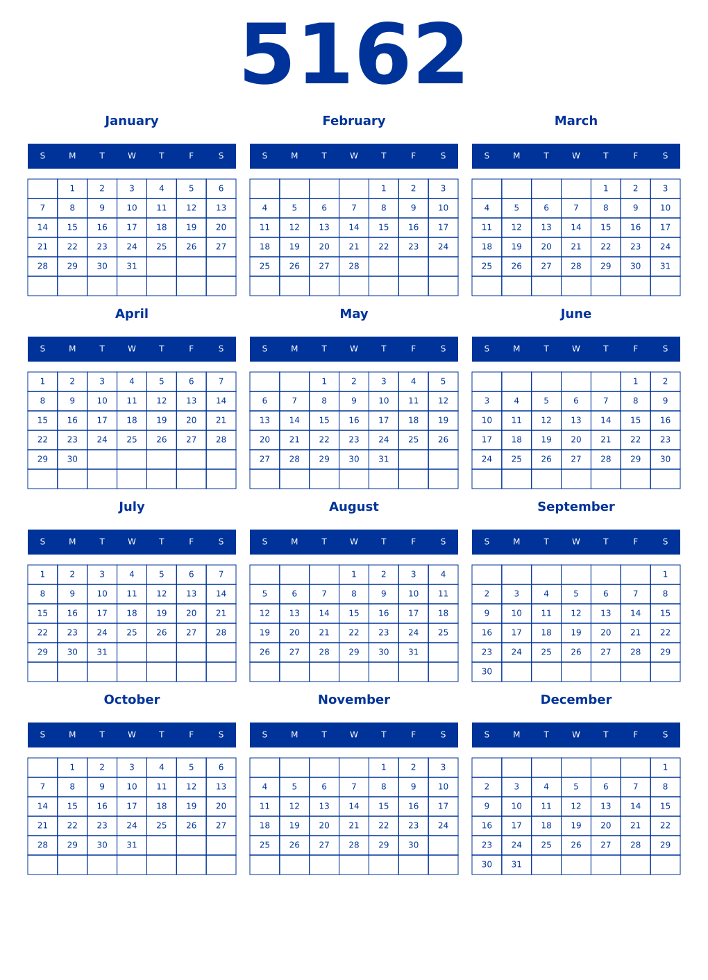 Printable 5162 Year Calendars smalt