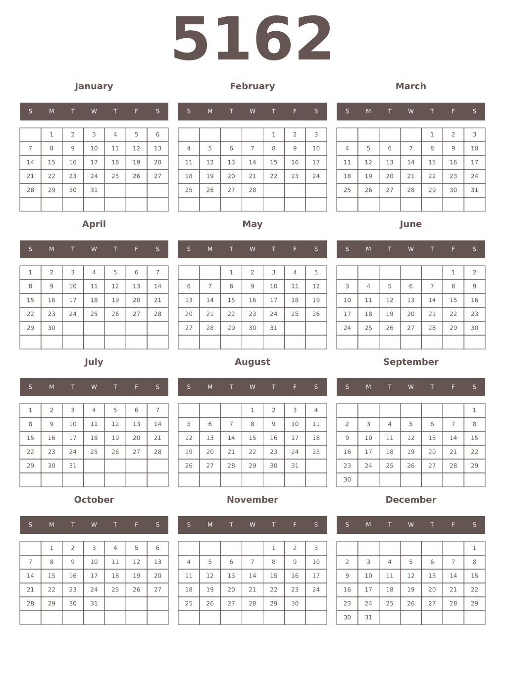 Printable 5162 Year Calendars wenge