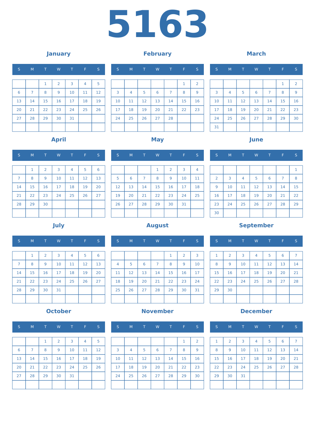 Printable 5163 Year Calendars blue