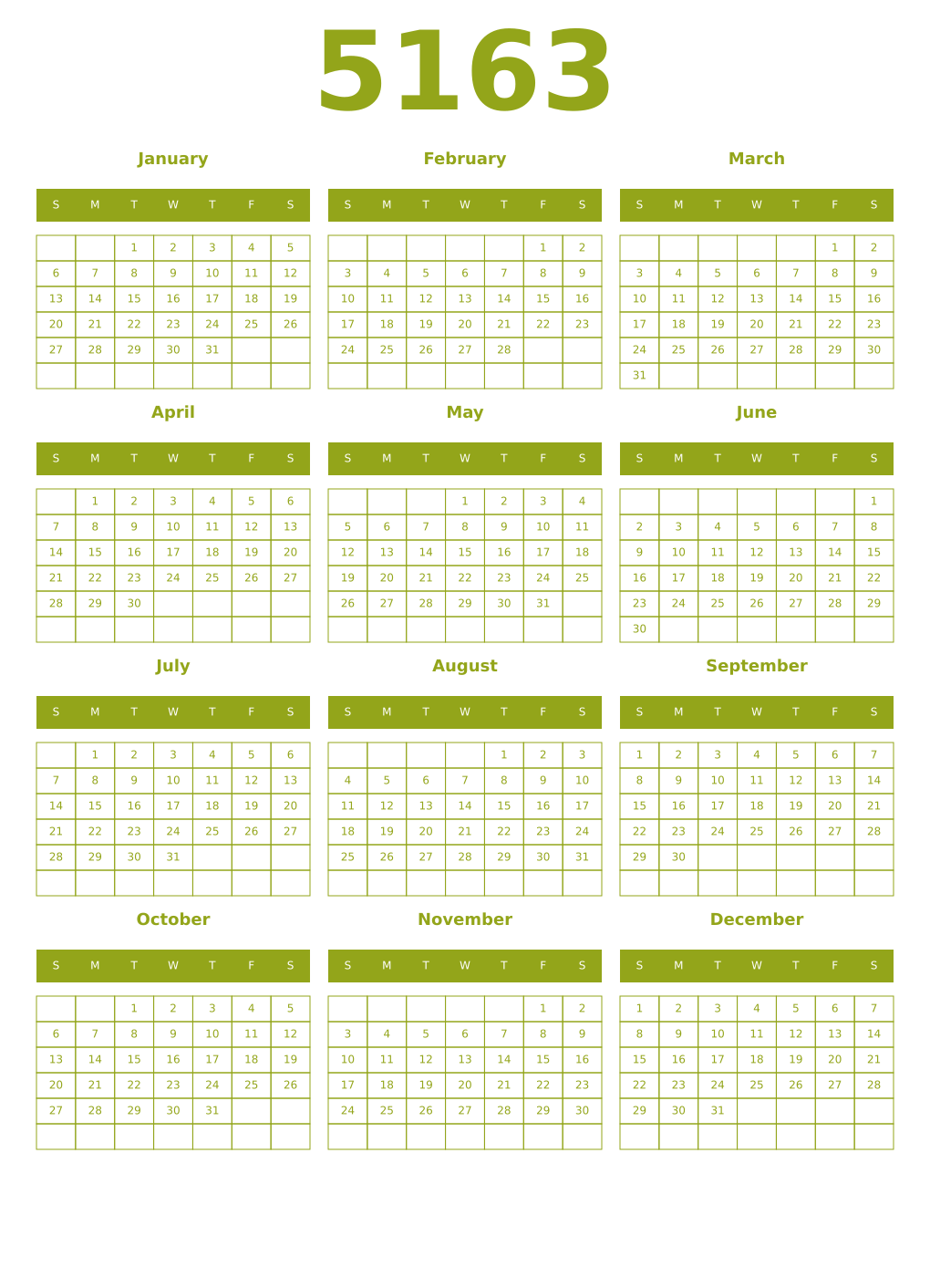 Printable 5163 Year Calendars chartreuse