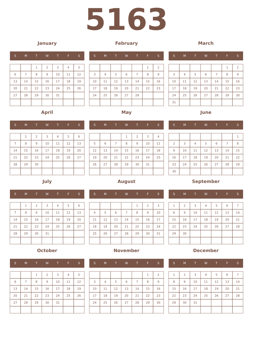 Printable 5163 Year Calendars coffe
