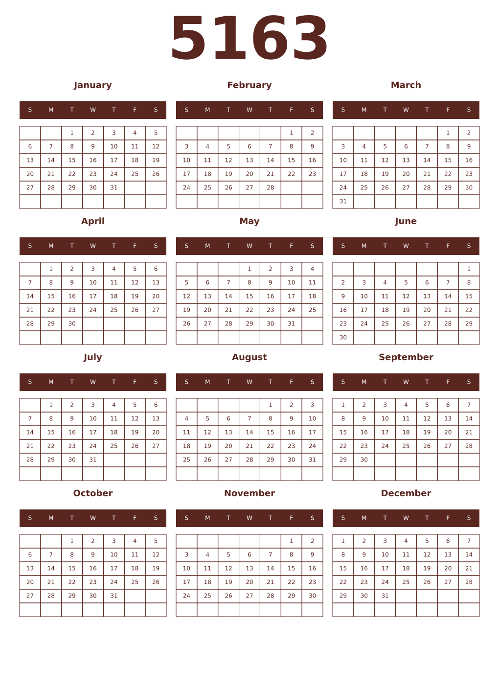 Printable 5163 Year Calendars mortuum