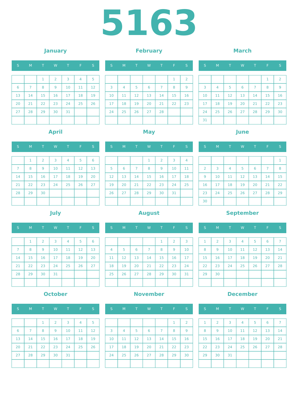 Printable 5163 Year Calendars verdigris