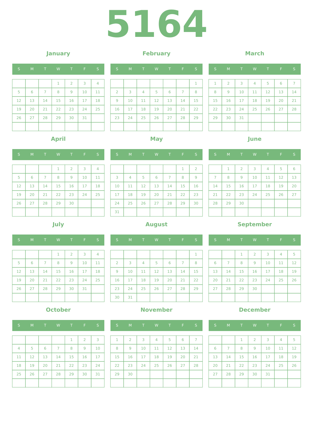 Printable 5164 Year Calendars celadon