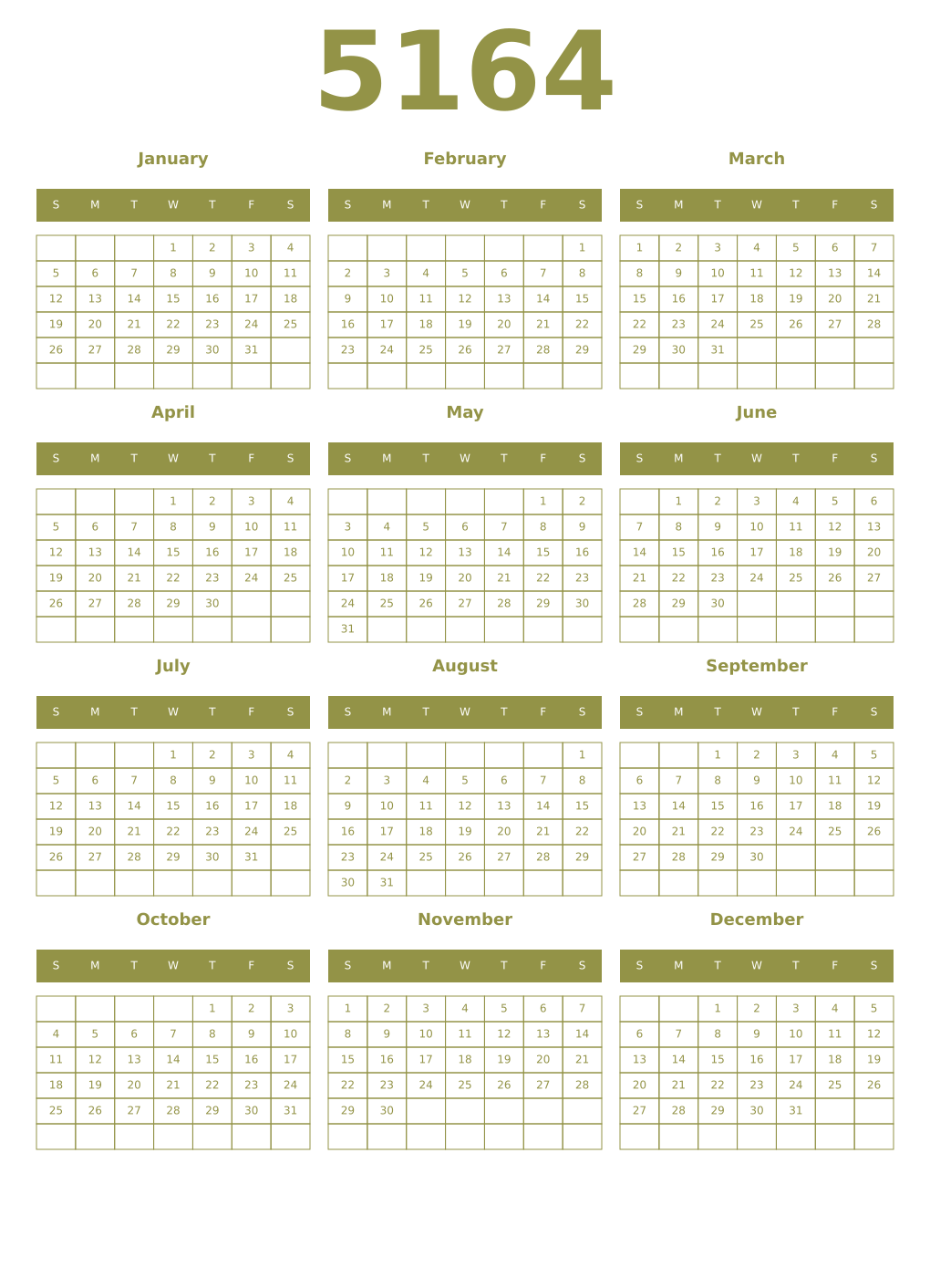 Printable 5164 Year Calendars eburnean