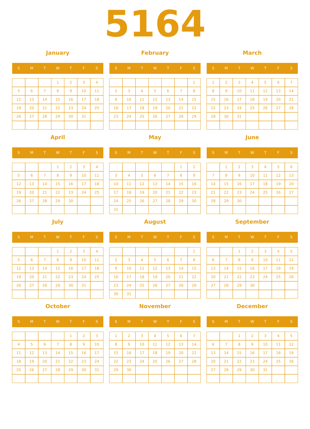 Printable 5164 Year Calendars gamboge