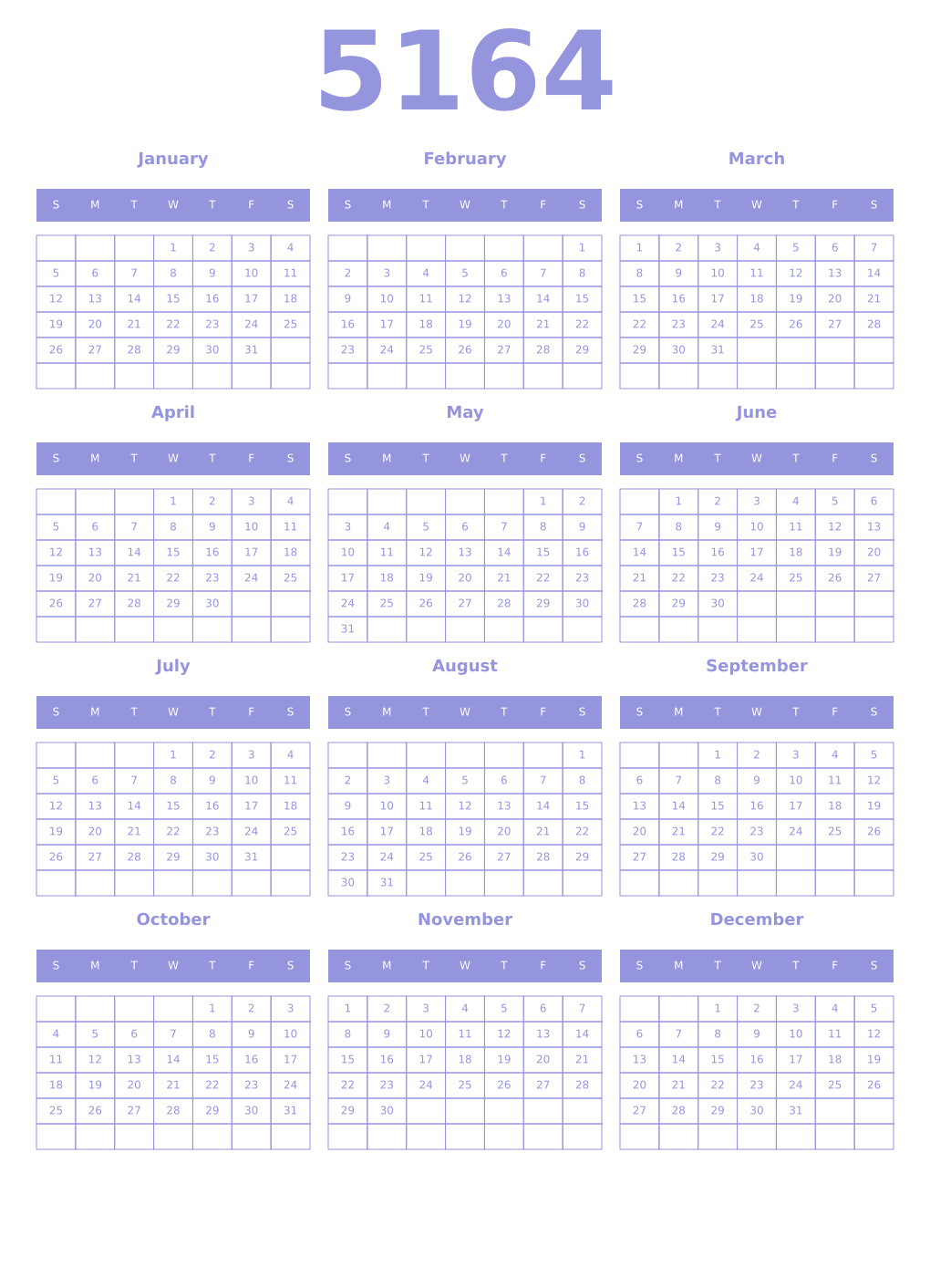 Printable 5164 Year Calendars periwinkle