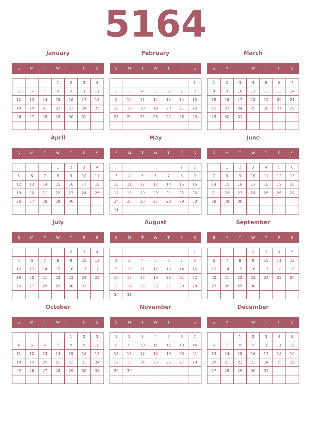 Printable 5164 Year Calendars puce