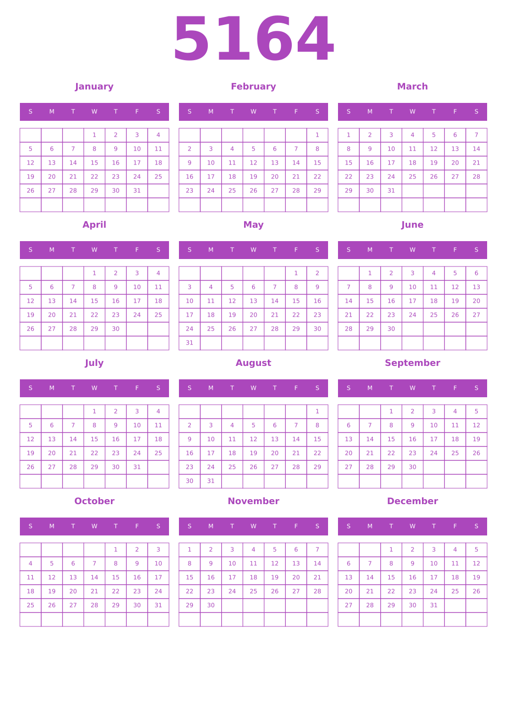Printable 5164 Year Calendars purple