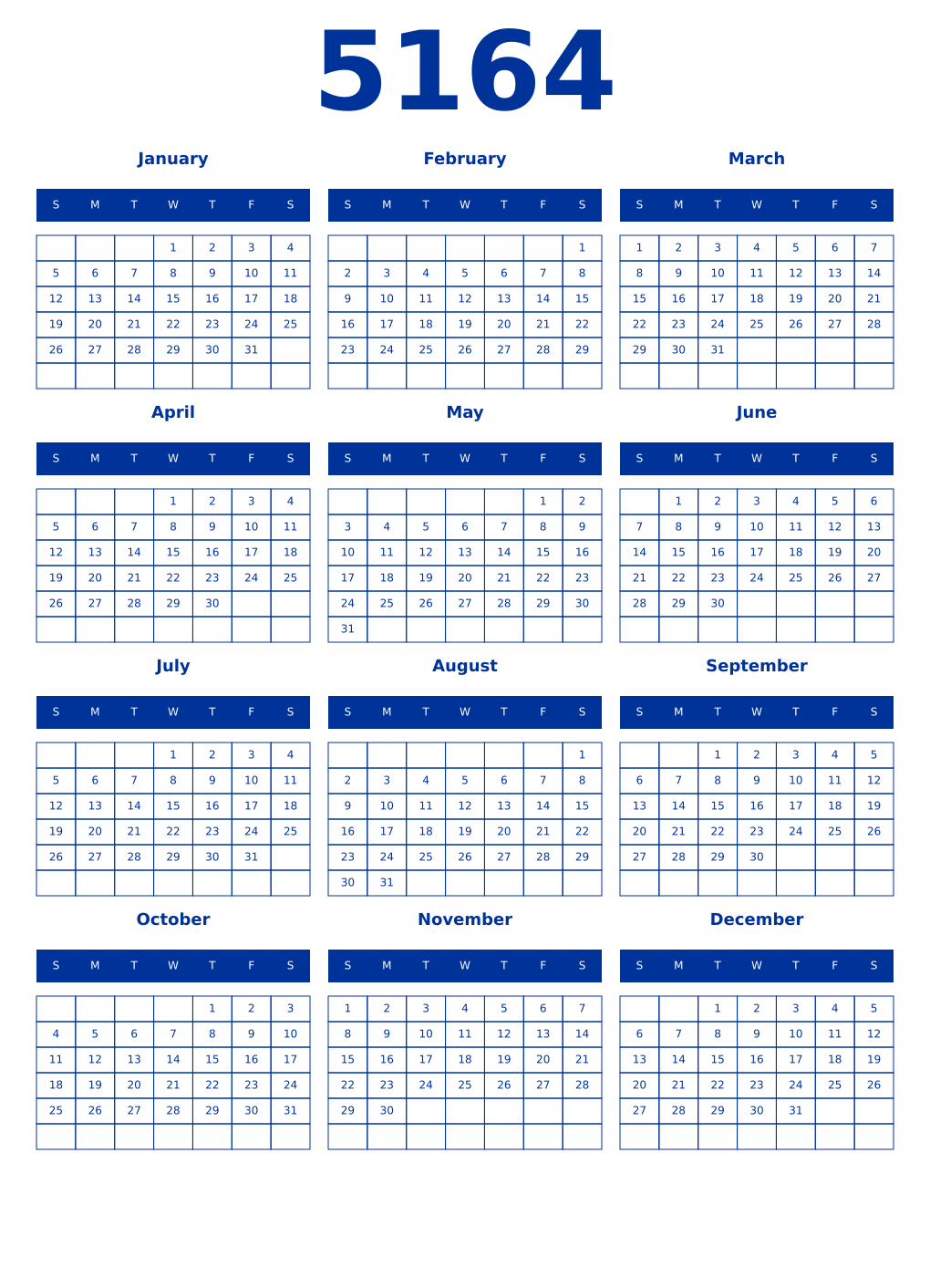 Printable 5164 Year Calendars smalt