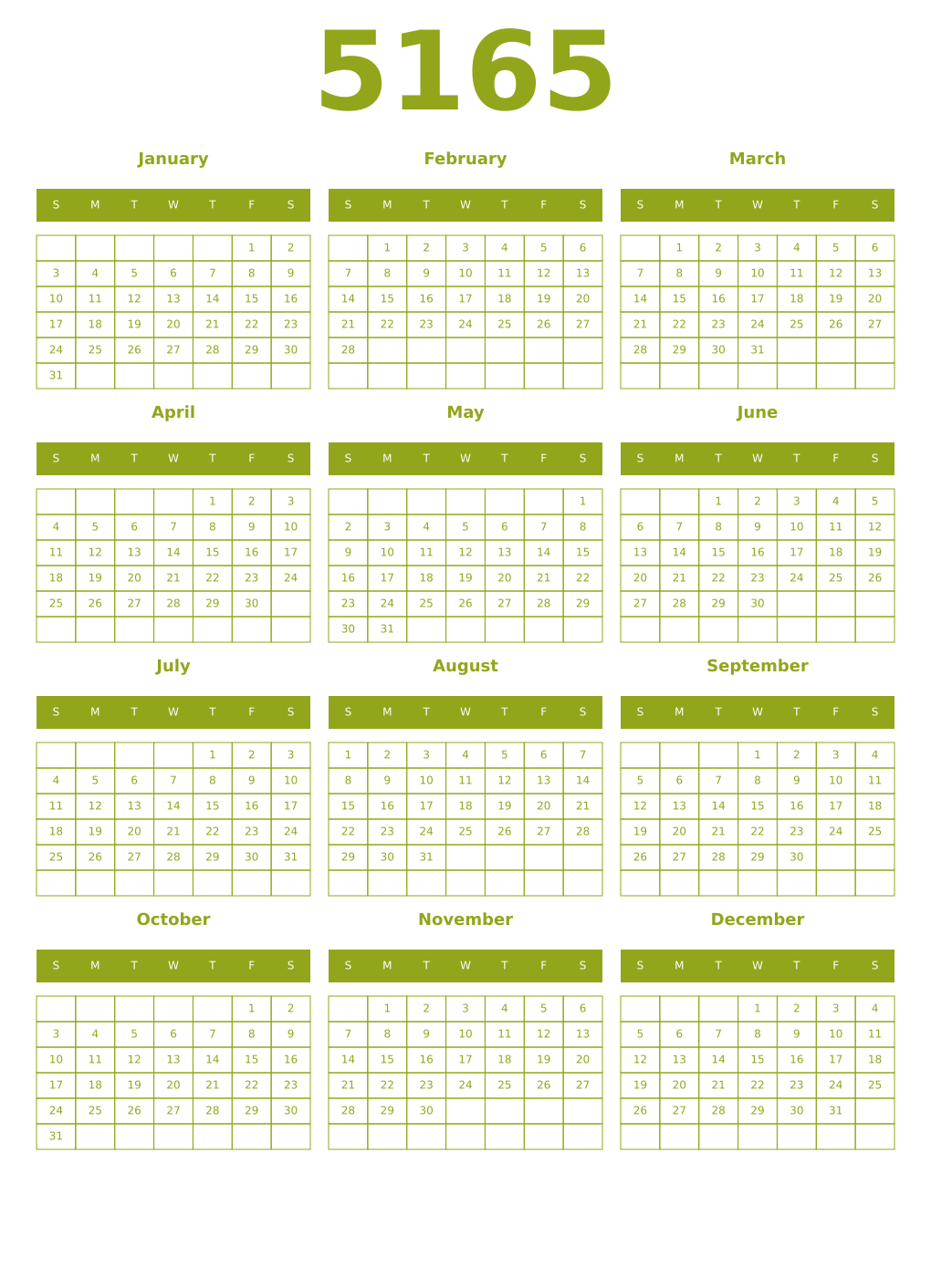 Printable 5165 Year Calendars chartreuse