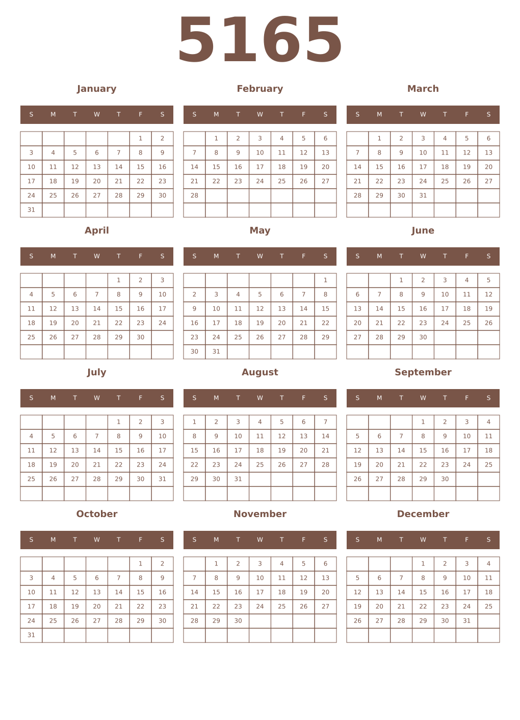 Printable 5165 Year Calendars coffe
