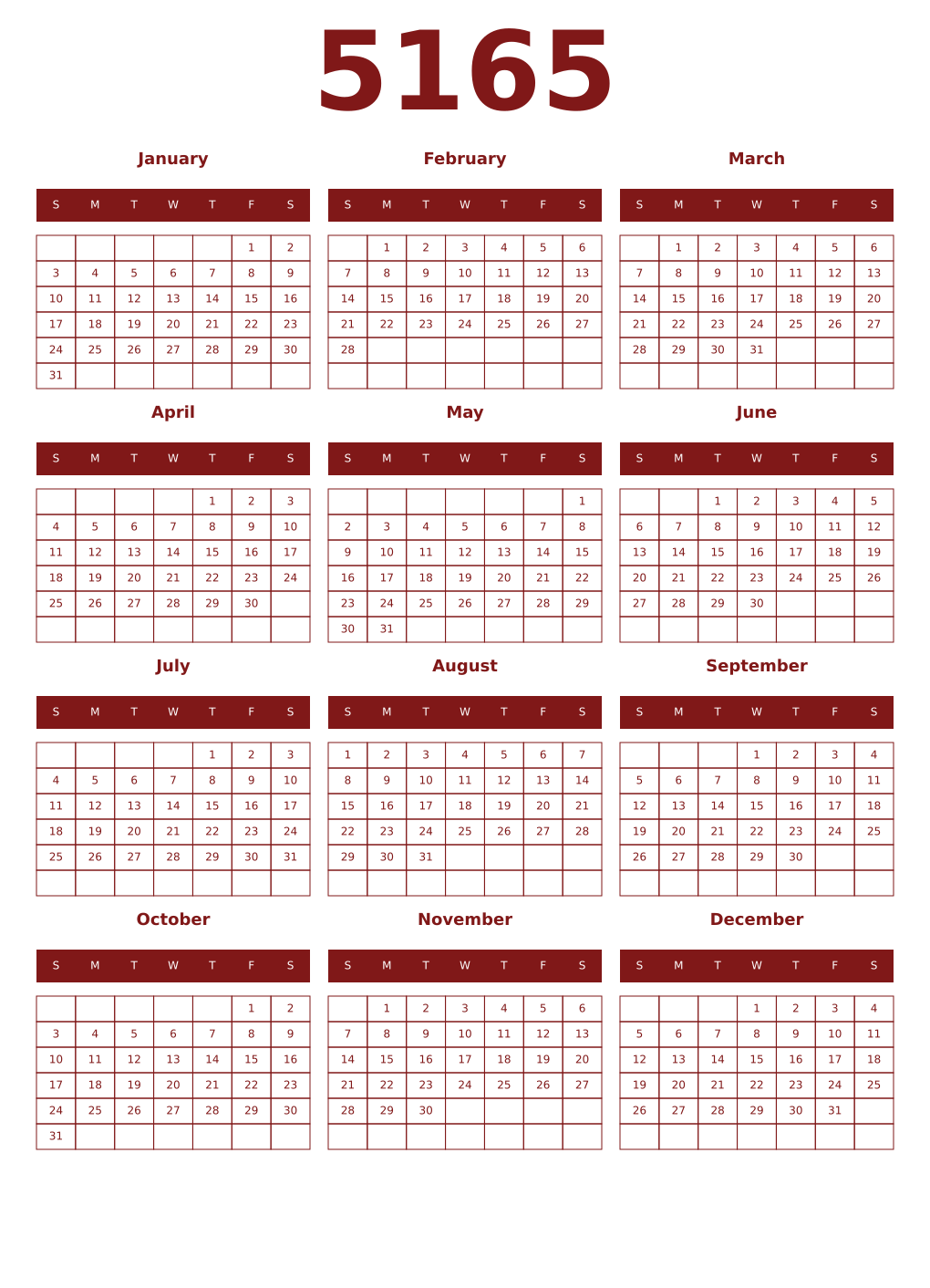Printable 5165 Year Calendars falu