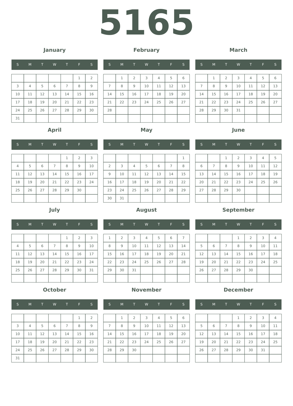 Printable 5165 Year Calendars feldgrau