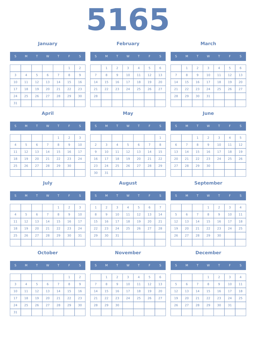 Printable 5165 Year Calendars glaucous