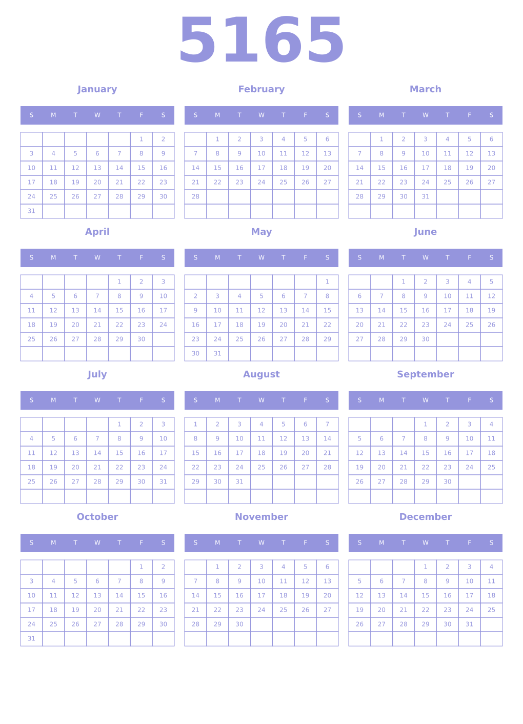 Printable 5165 Year Calendars periwinkle