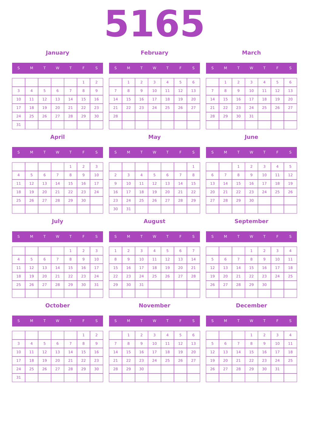 Printable 5165 Year Calendars purple