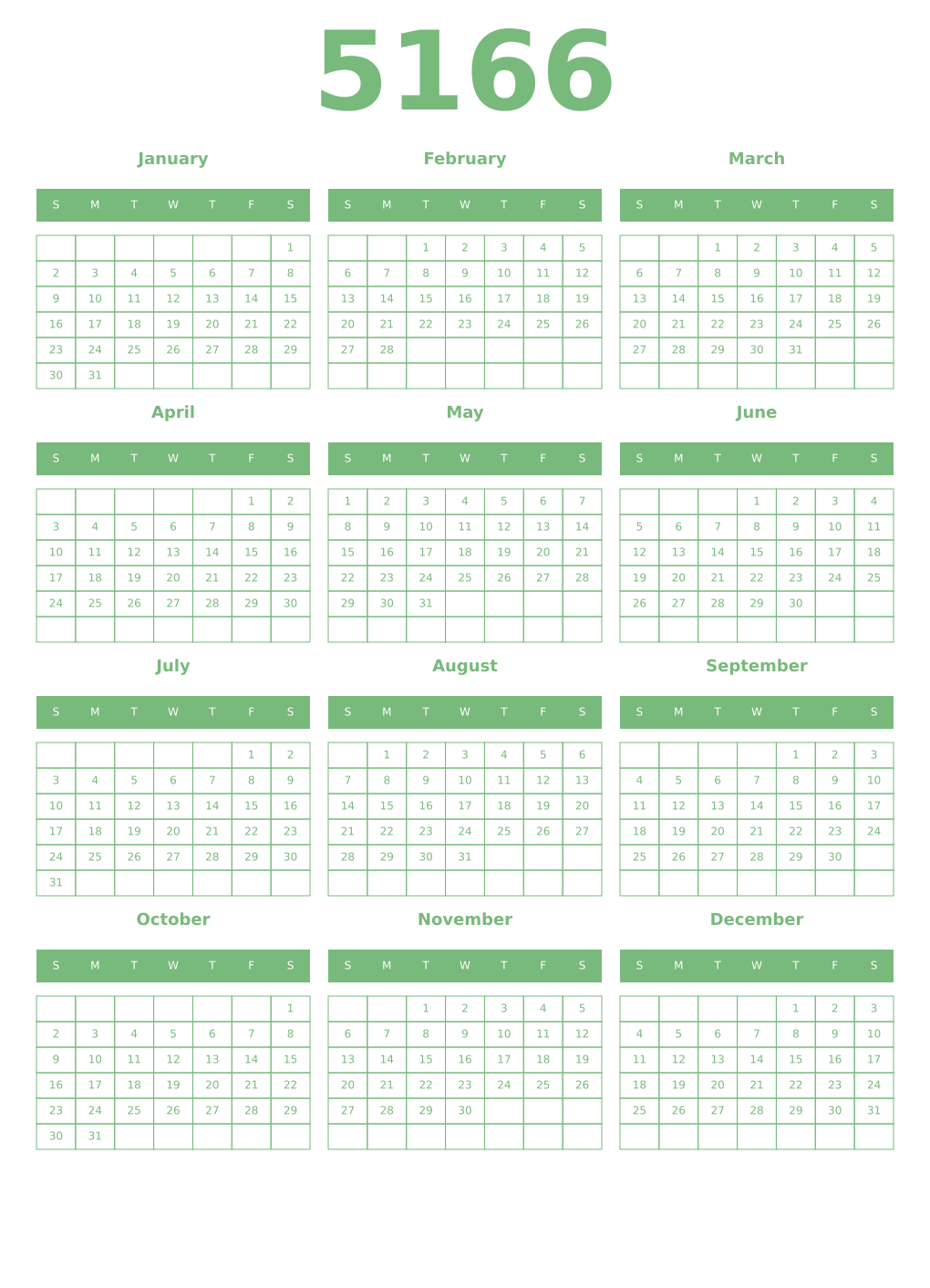 Printable 5166 Year Calendars celadon