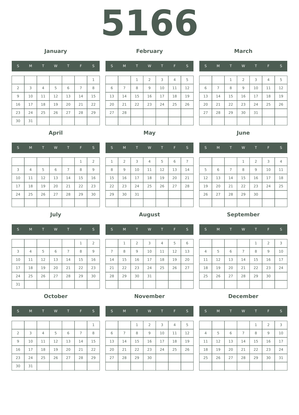 Printable 5166 Year Calendars feldgrau