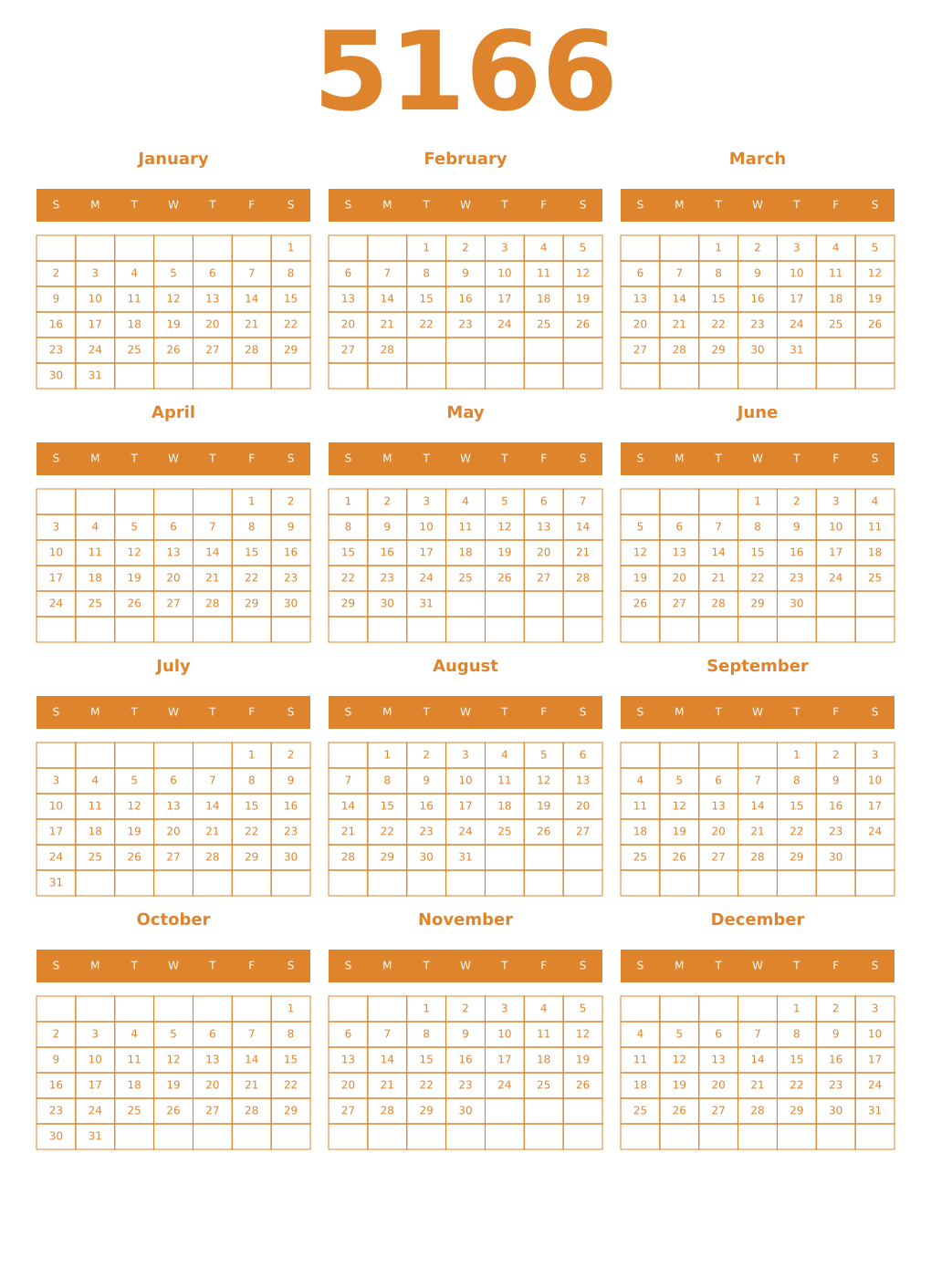 Printable 5166 Year Calendars orange