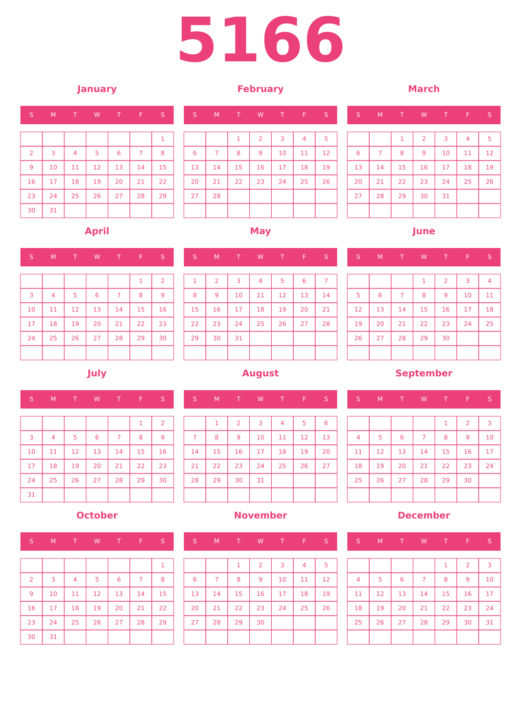 Printable 5166 Year Calendars pink