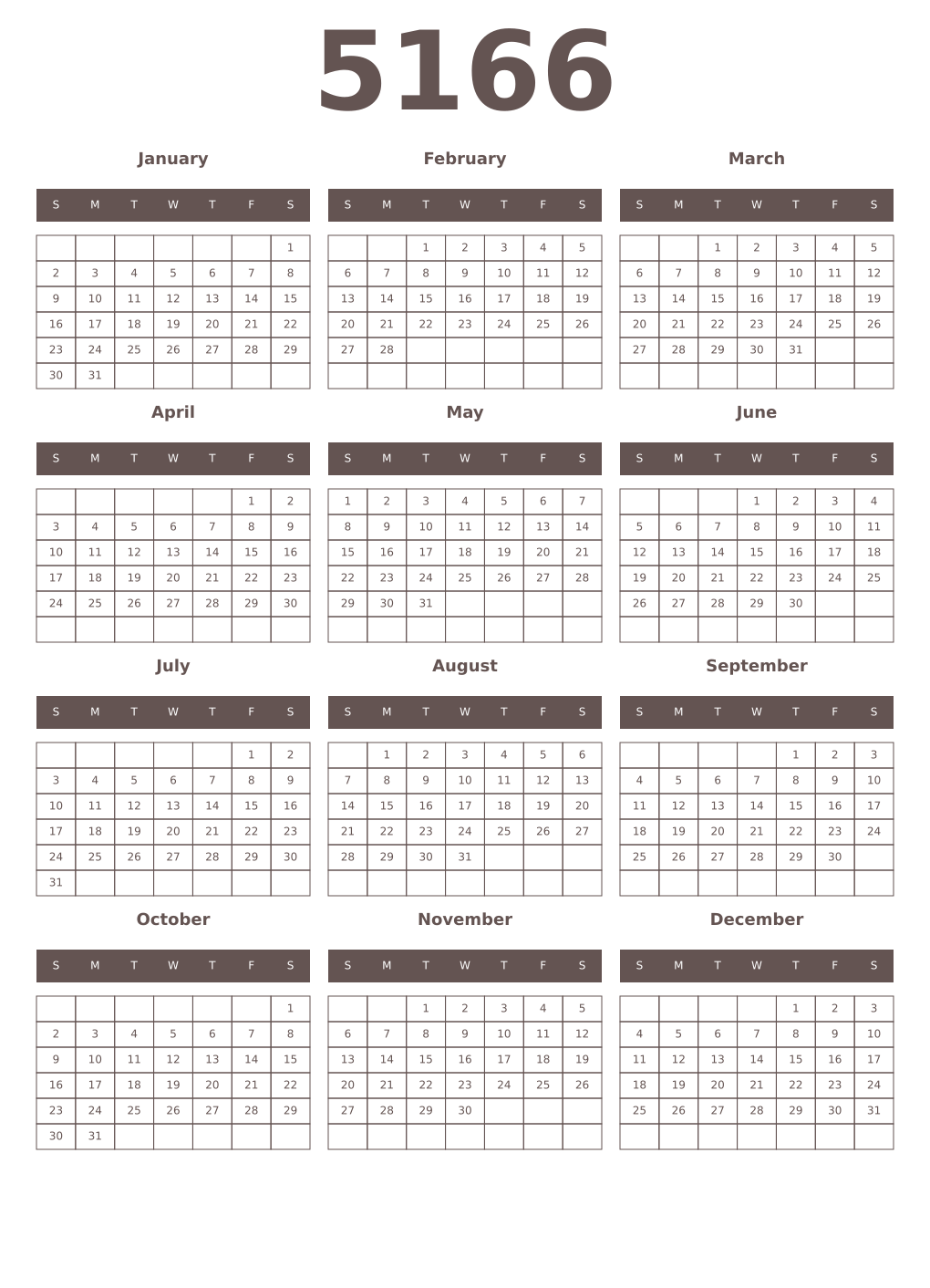 Printable 5166 Year Calendars wenge