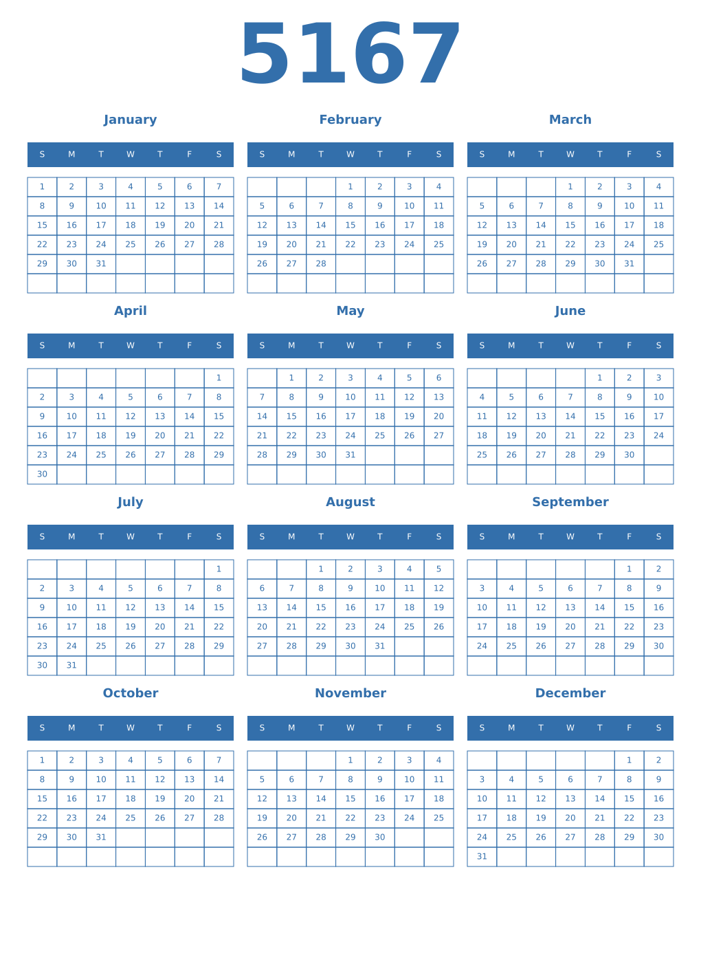 Printable 5167 Year Calendars blue